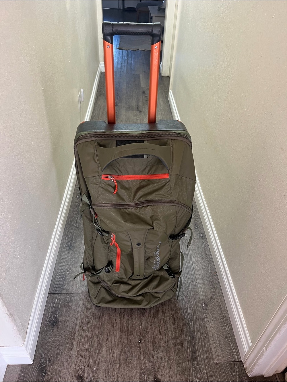Eddie Bauer Olive Green Rolling Travel Bag with Orange Accents